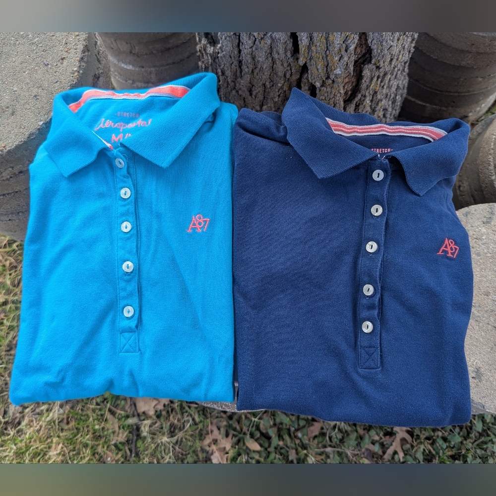 Aeropostale Size M Polo Short Sleeve A87 Women's Top Stretch Blue and Navy